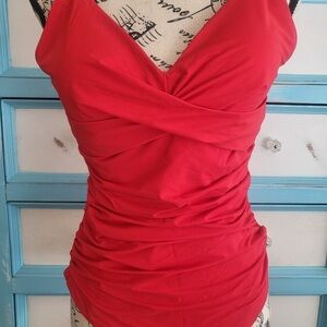 Red Popilush Ruched Body-shaping Tummy Control One Piece Shapewear Swimsuit